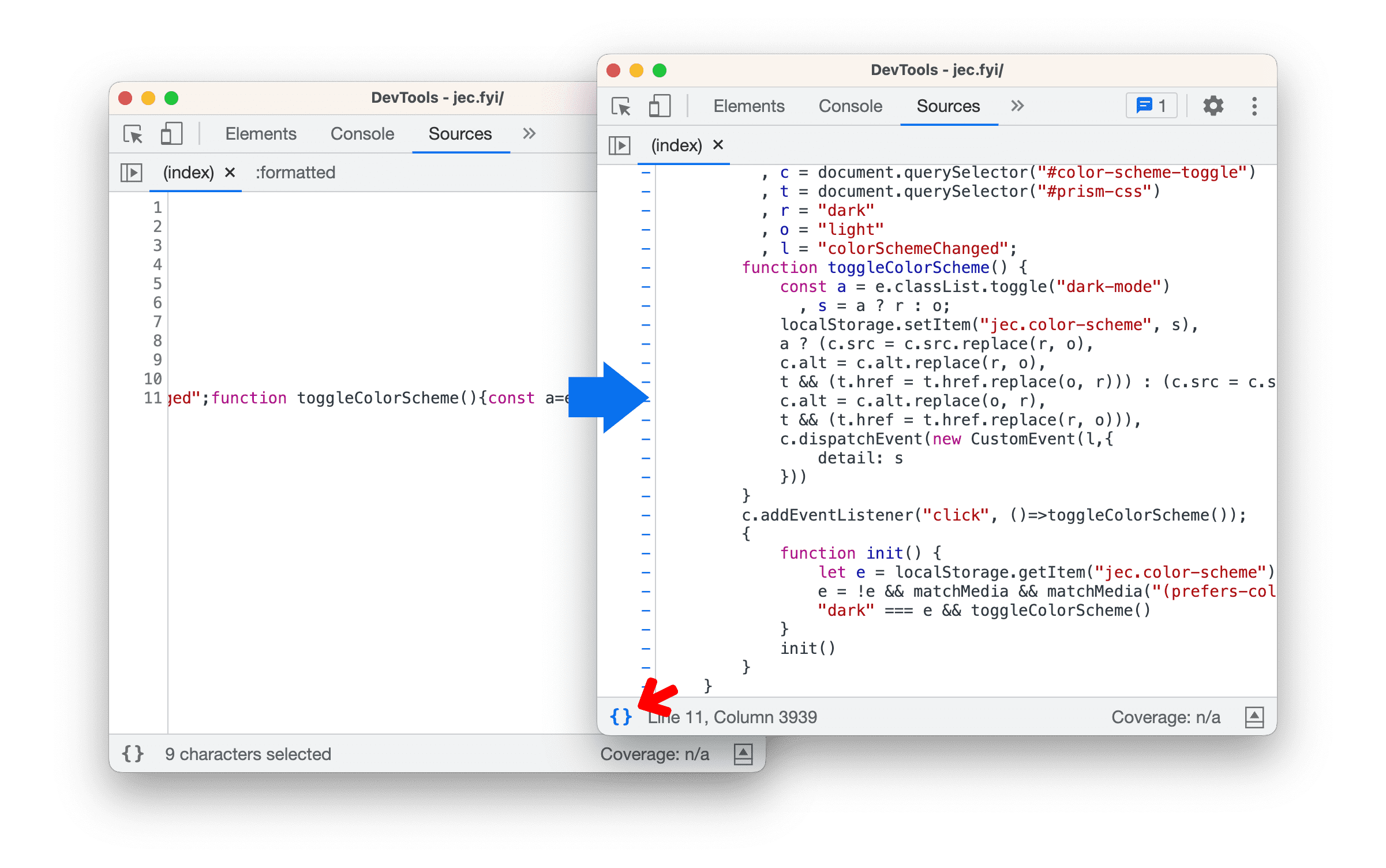 자동 인플레이스 pretty print 전후의 축소된 파일을 표시합니다.