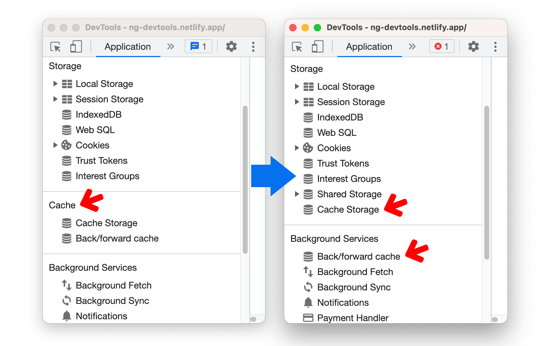 Caches di panel Application.