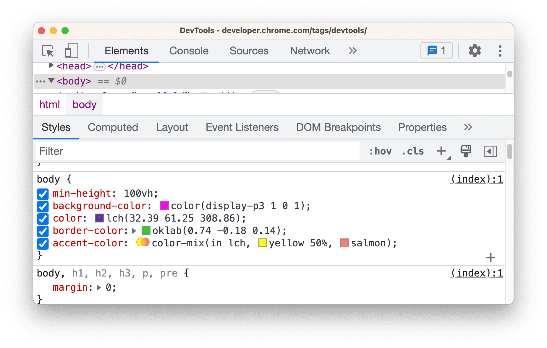 Ejemplos de definiciones de color en CSS.