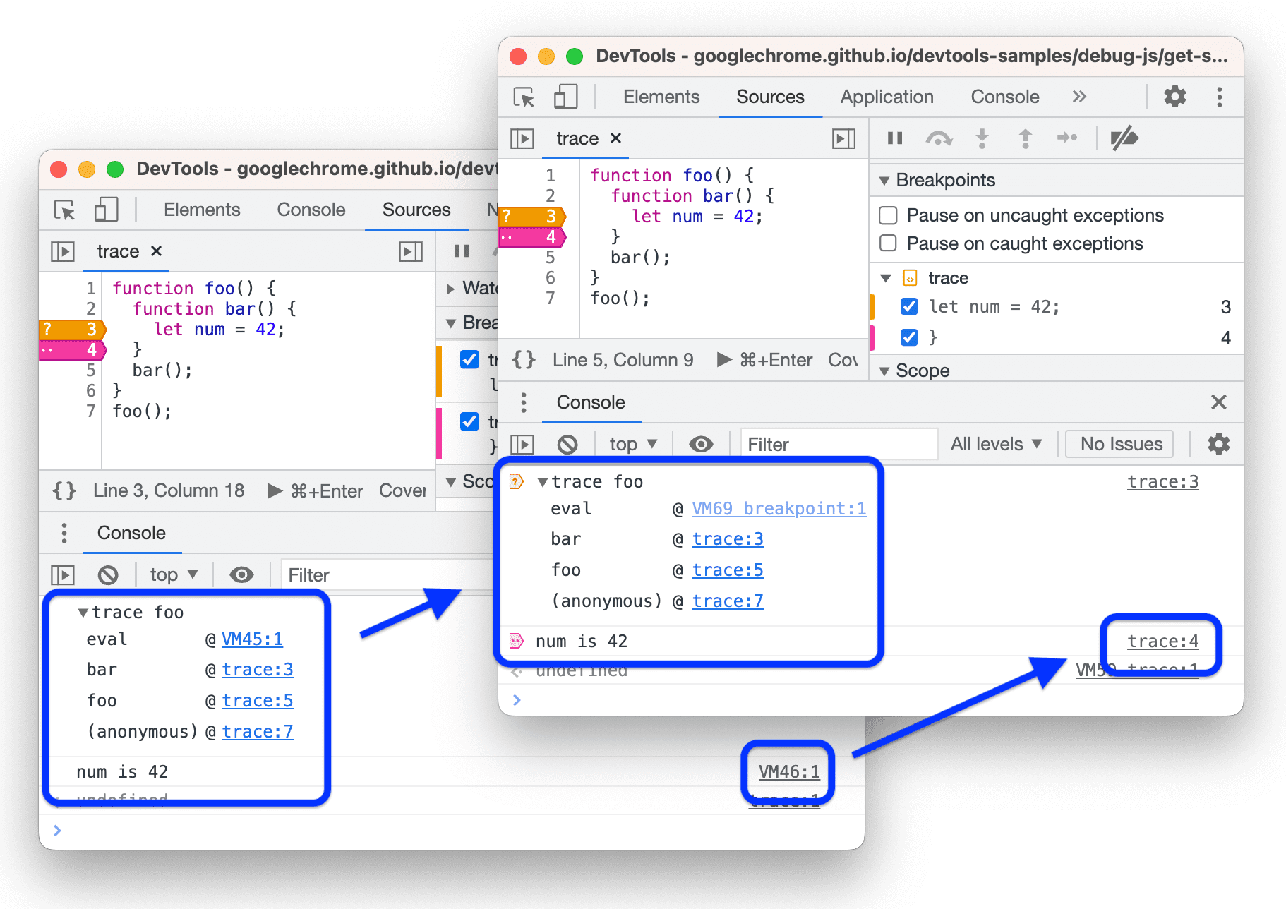 Modifiche alla modalità di visualizzazione dei messaggi attivati dai punti di interruzione nella console, con icone e link di origine appropriato.