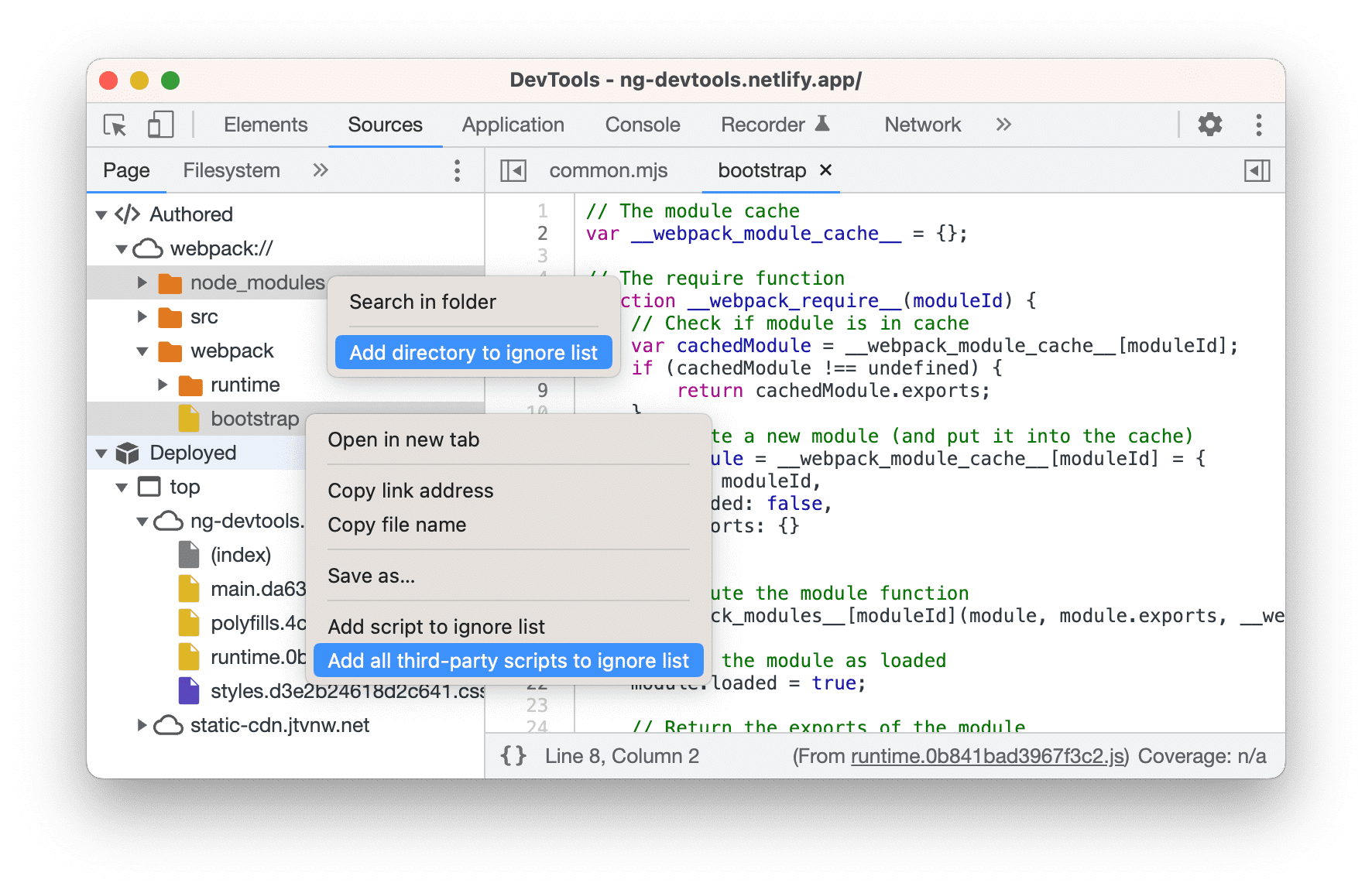 Menus contextuels d&#39;un dossier et d&#39;un script avec des options liées à l&#39;ignorance.