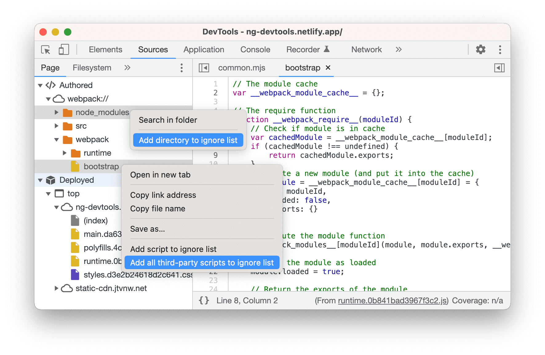 Menu contestuali di una cartella e di uno script con opzioni relative agli elementi da ignorare.