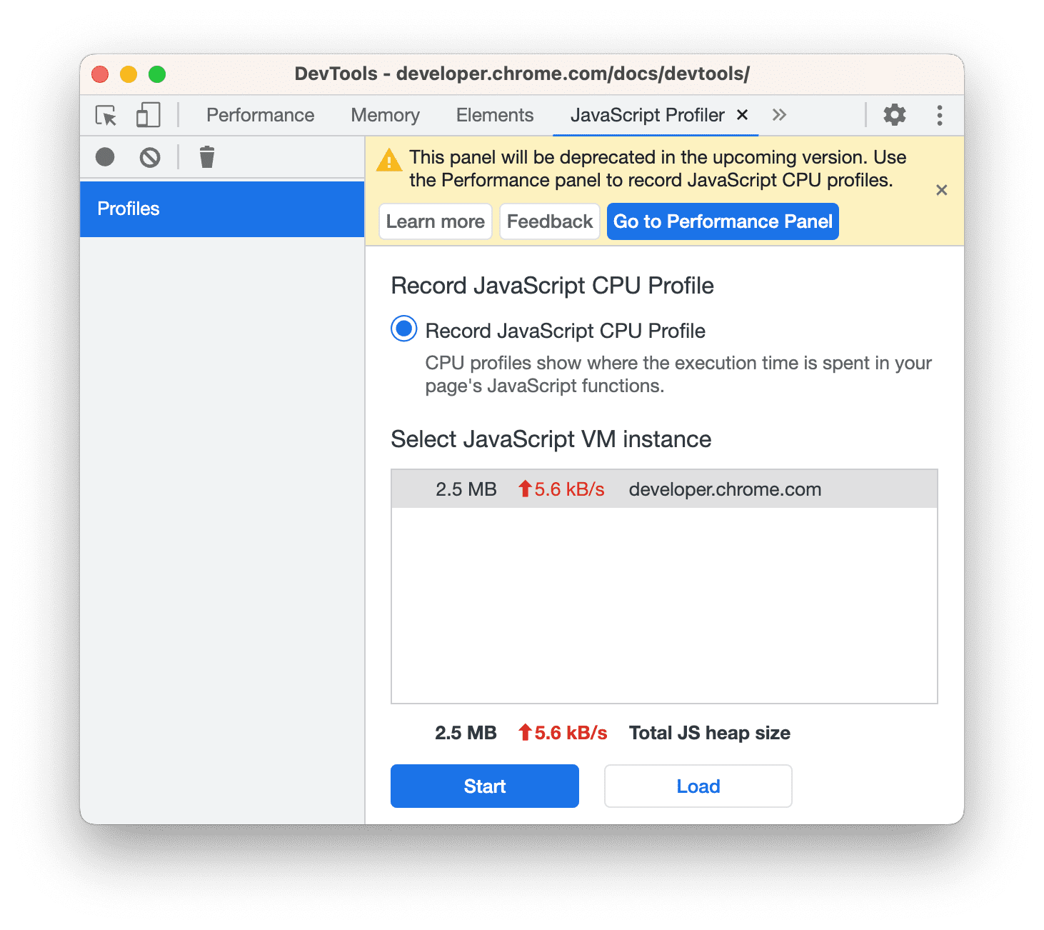 Profiler の上部に非推奨バナーが表示されます。