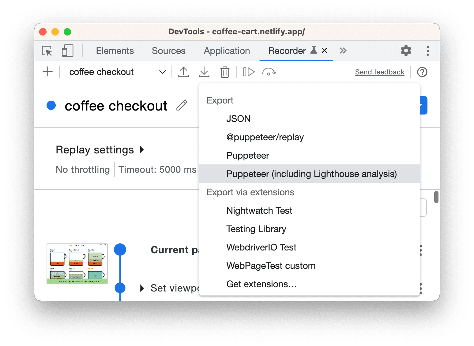 Eksportuj Puppeteer (w tym analizę Lighthouse).