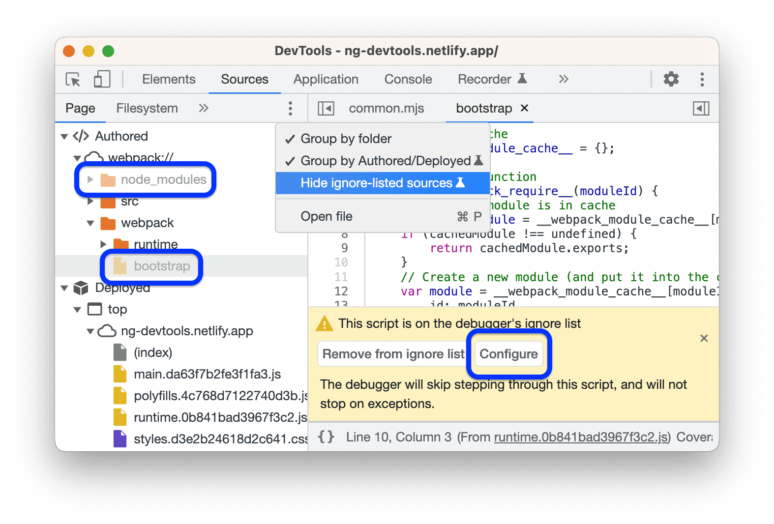 Scripts en mappen die op de negeerlijst staan, zijn grijs weergegeven. U kunt ze verbergen met een experimentele optie in het vervolgkeuzemenu Meer opties.