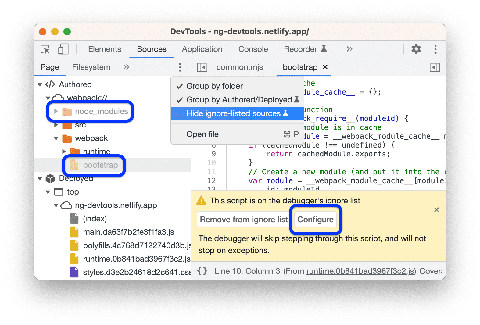 Scripts en mappen die op de negeerlijst staan, worden grijs weergegeven. U kunt ze verbergen met een experimentele optie in het vervolgkeuzemenu Meer opties.