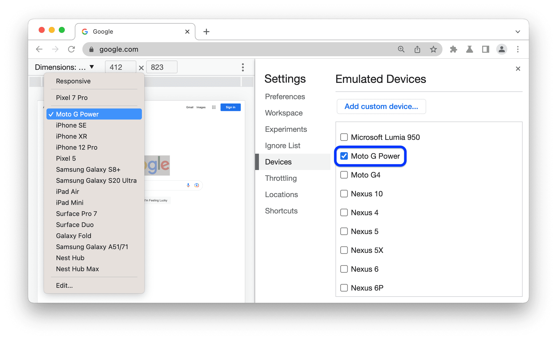Moto G Power dans la liste des appareils.