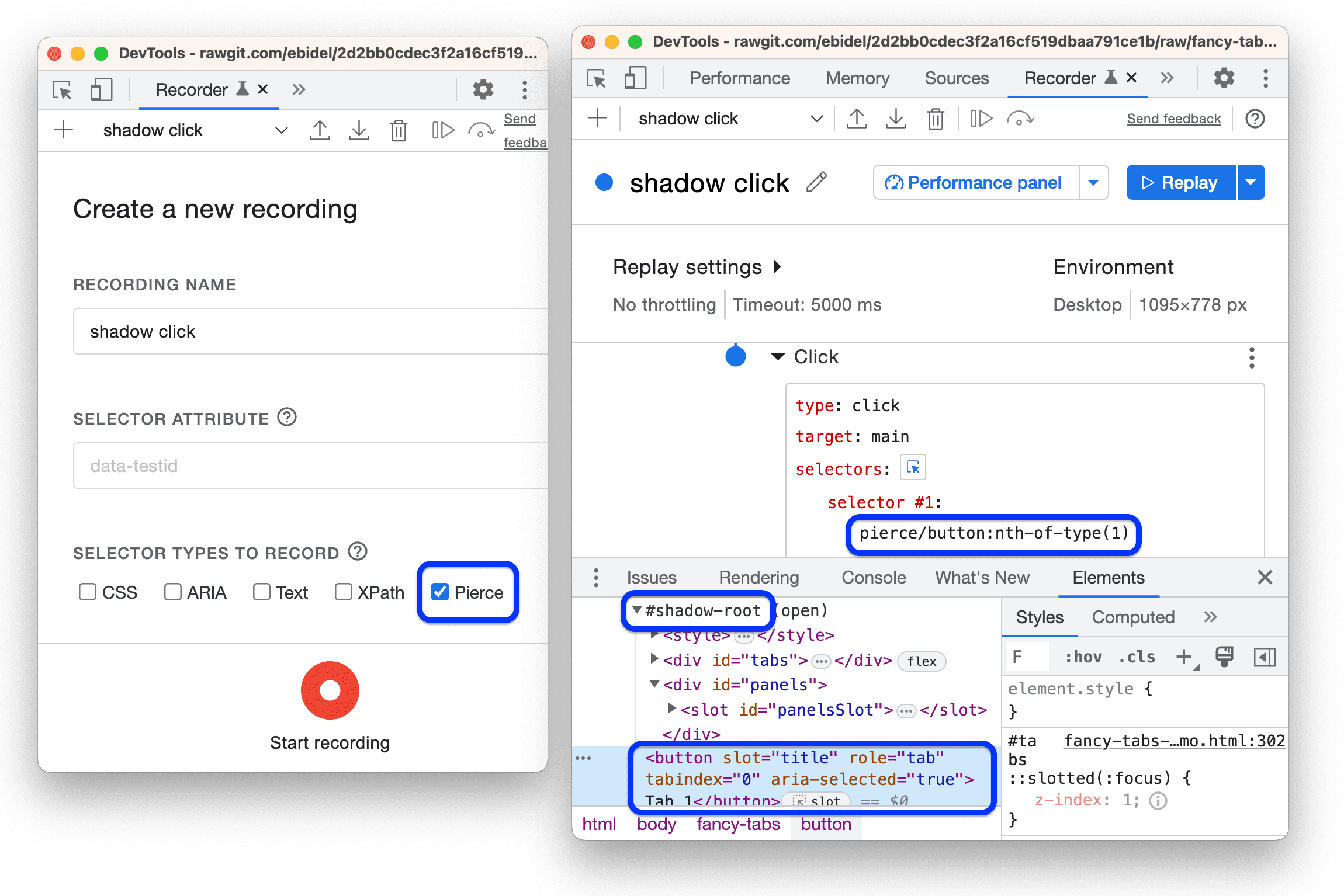 Setting the Recorder to use pierce selectors; Pierce selector in action.