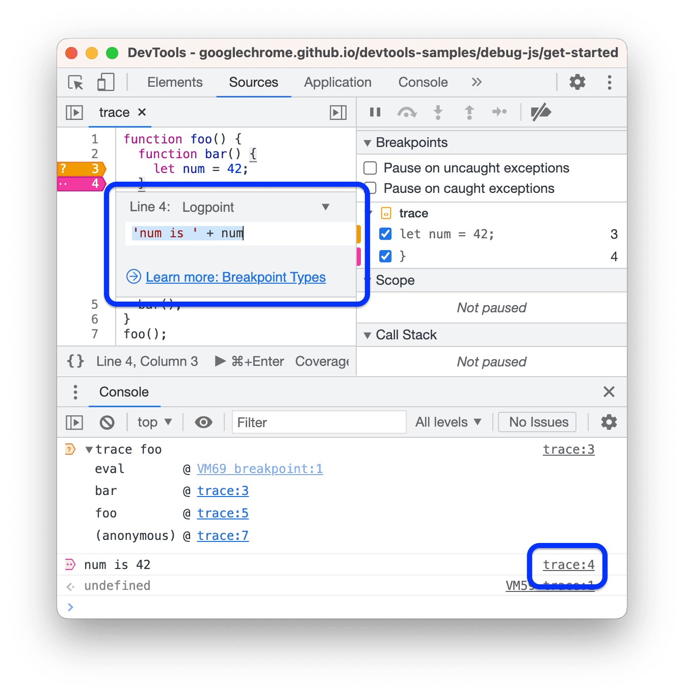 The anchor link next to a logpoint message that opens the breakpoint editor.