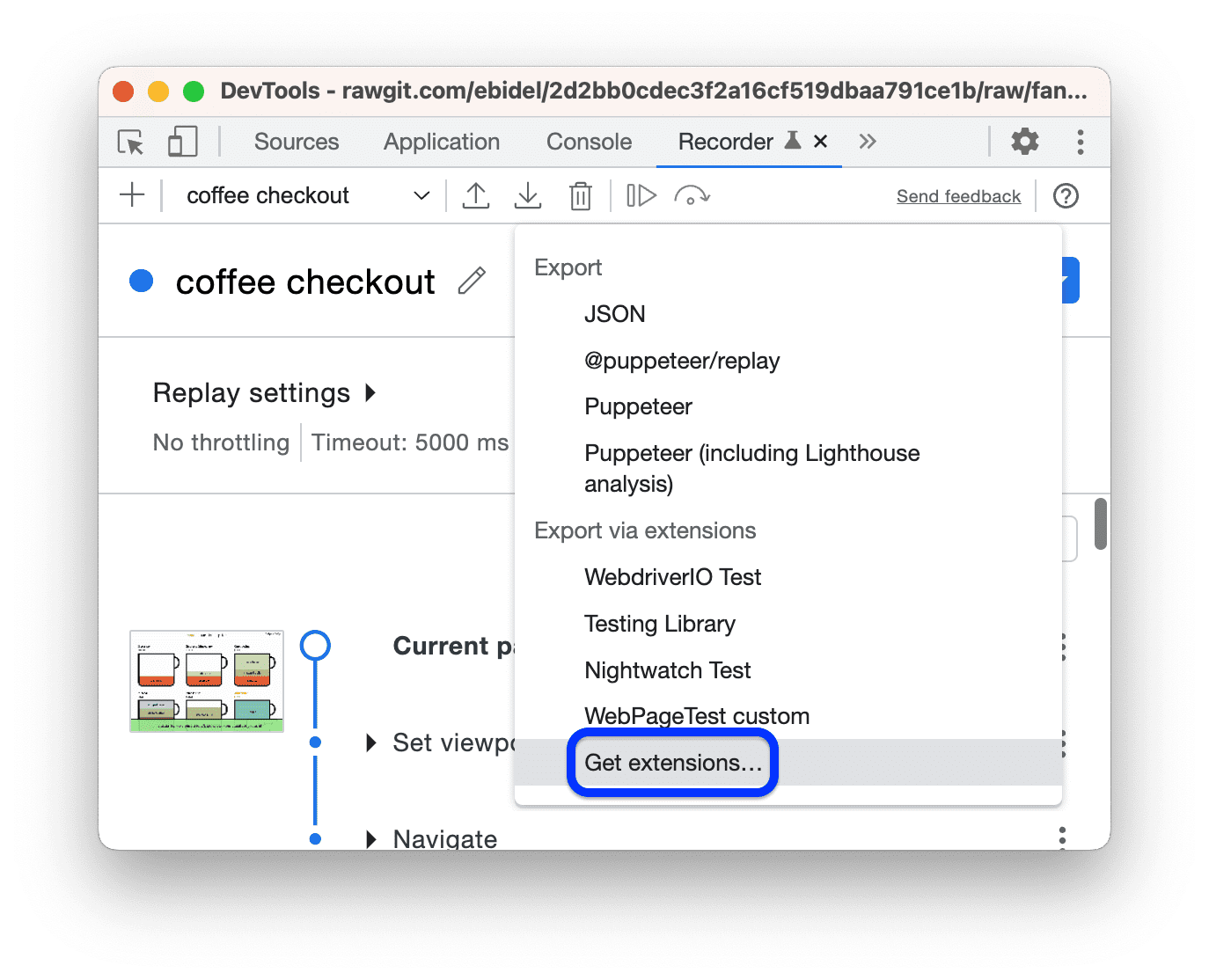 Opsi Dapatkan ekstensi di menu drop-down Ekspor.