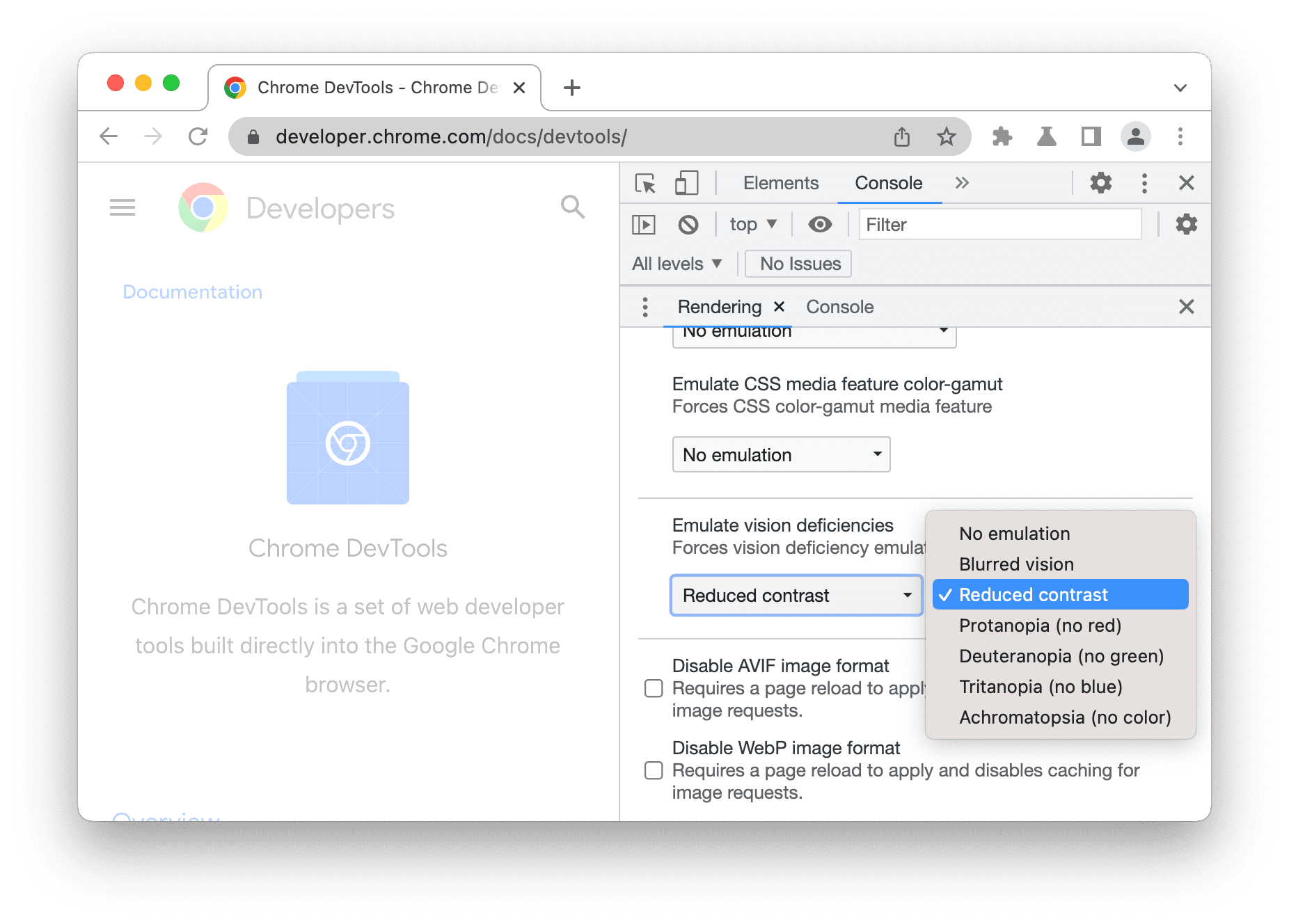 Lựa chọn giảm độ tương phản được chọn trong chức năng "Mô phỏng khiếm thị".