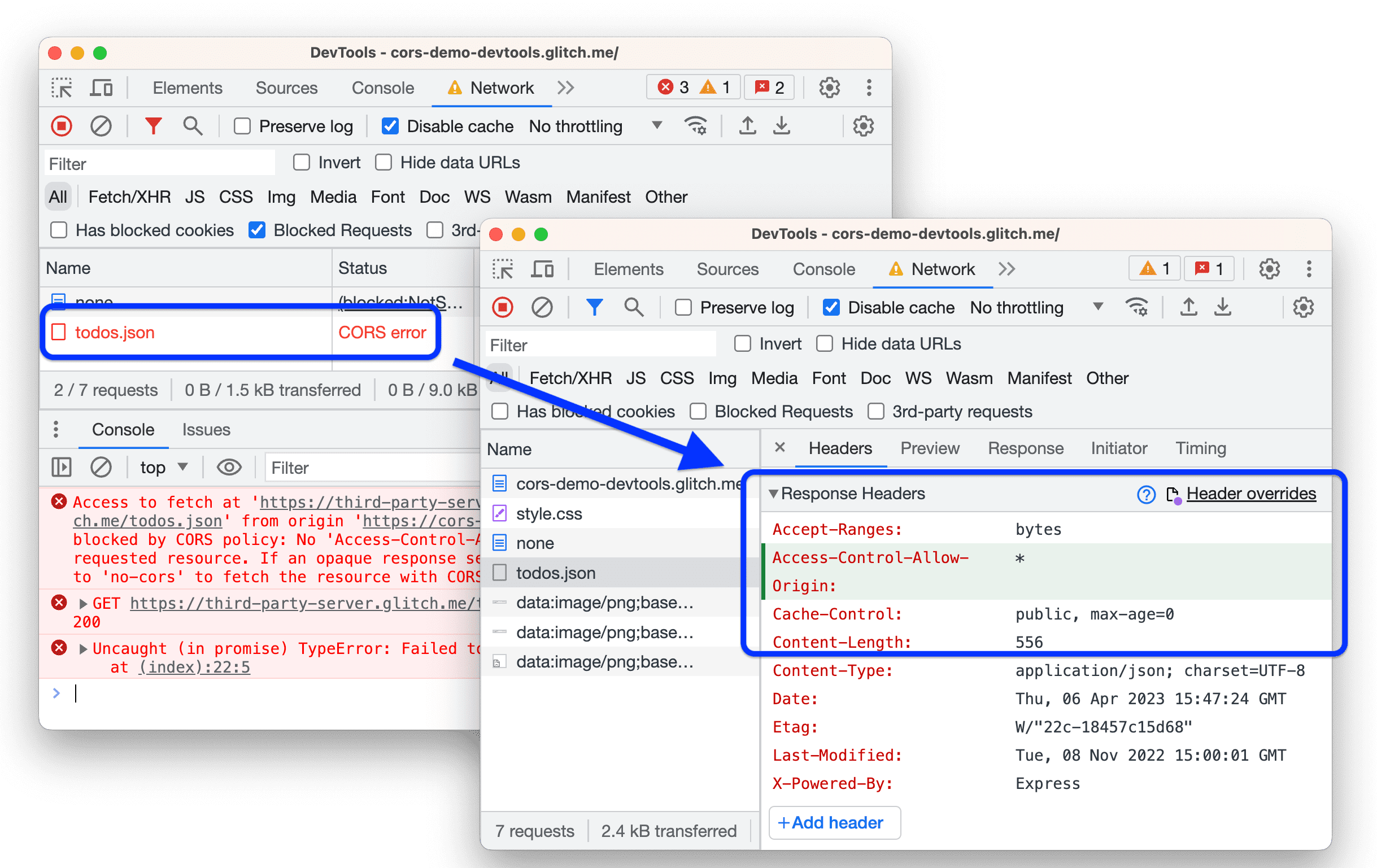 CORS error fixed by a header override.