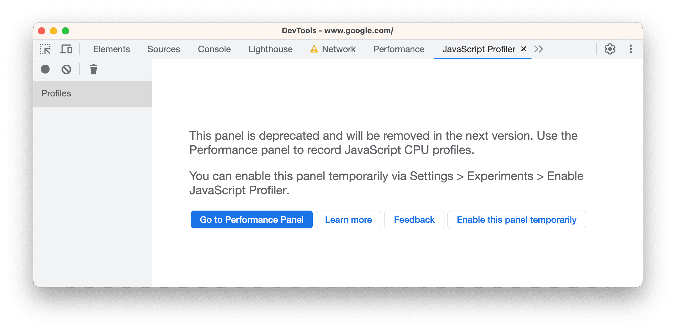 Penghentian penggunaan JavaScript Profiler.