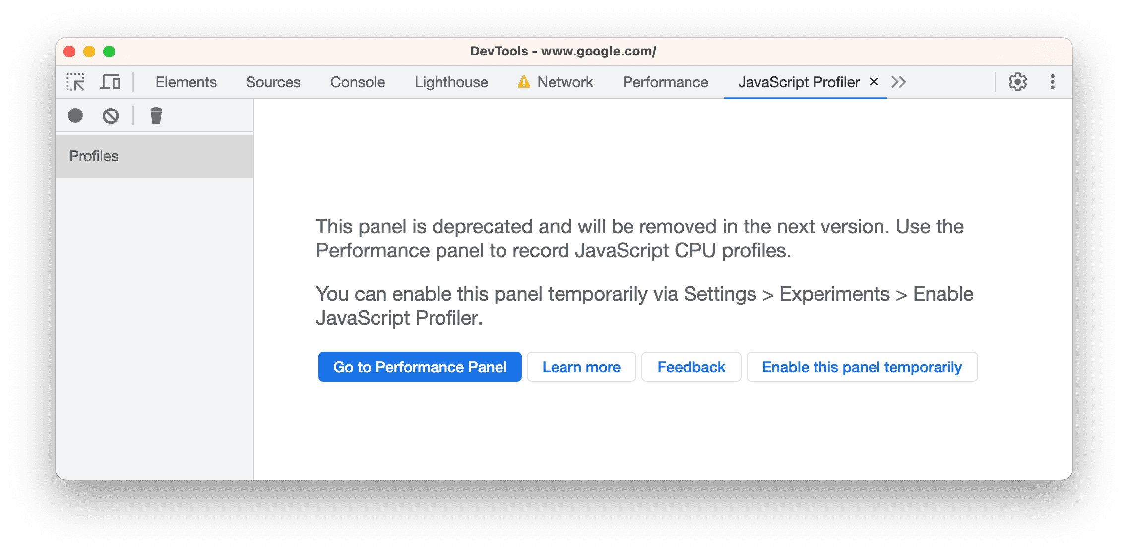 Se dejó de usar el Generador de perfiles de JavaScript.