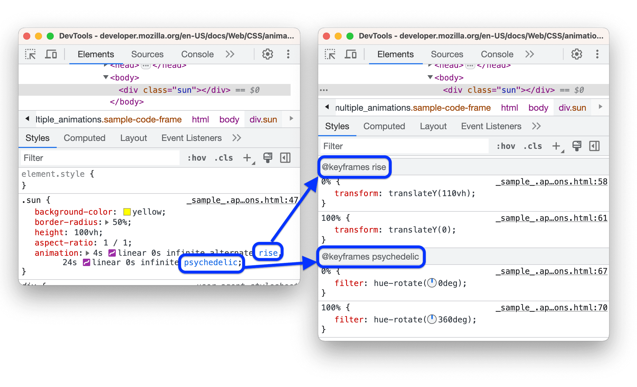 Vincula a los fotogramas clave en la propiedad abreviada de animación.