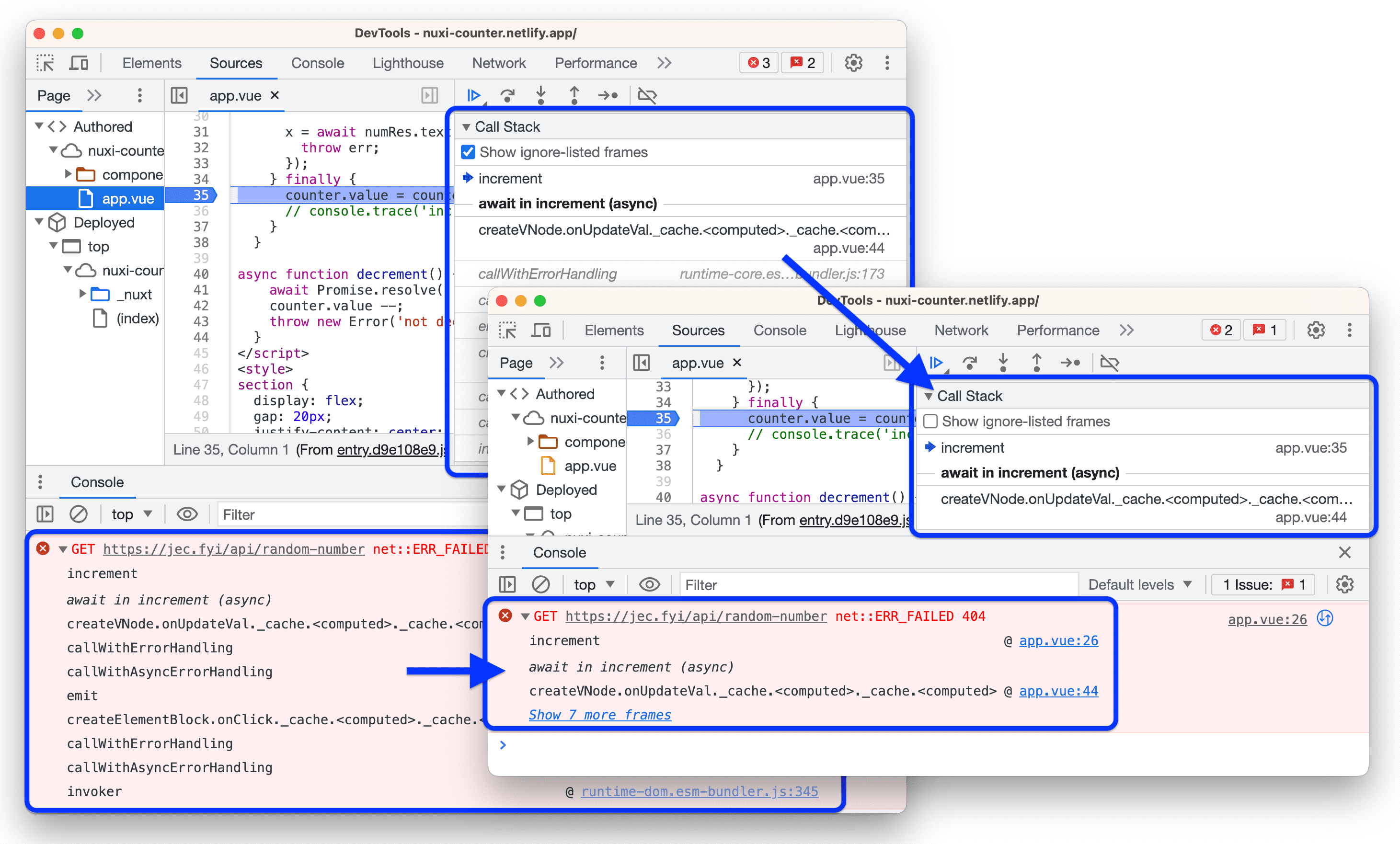 Stack trace sebelum dan sesudah mengaktifkan listingan pengabaian pihak ketiga.