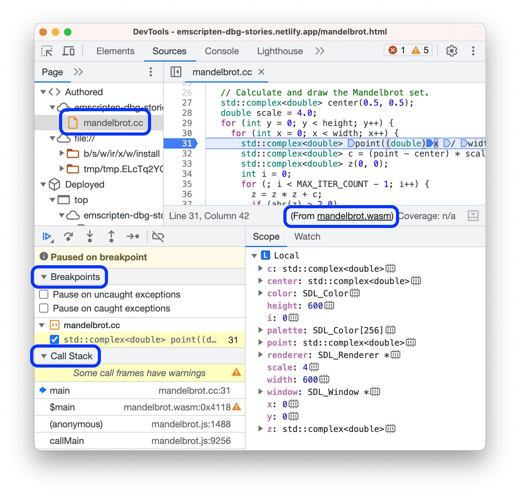 Debugger&#39;da bir Wasm uygulaması duraklatıldı.