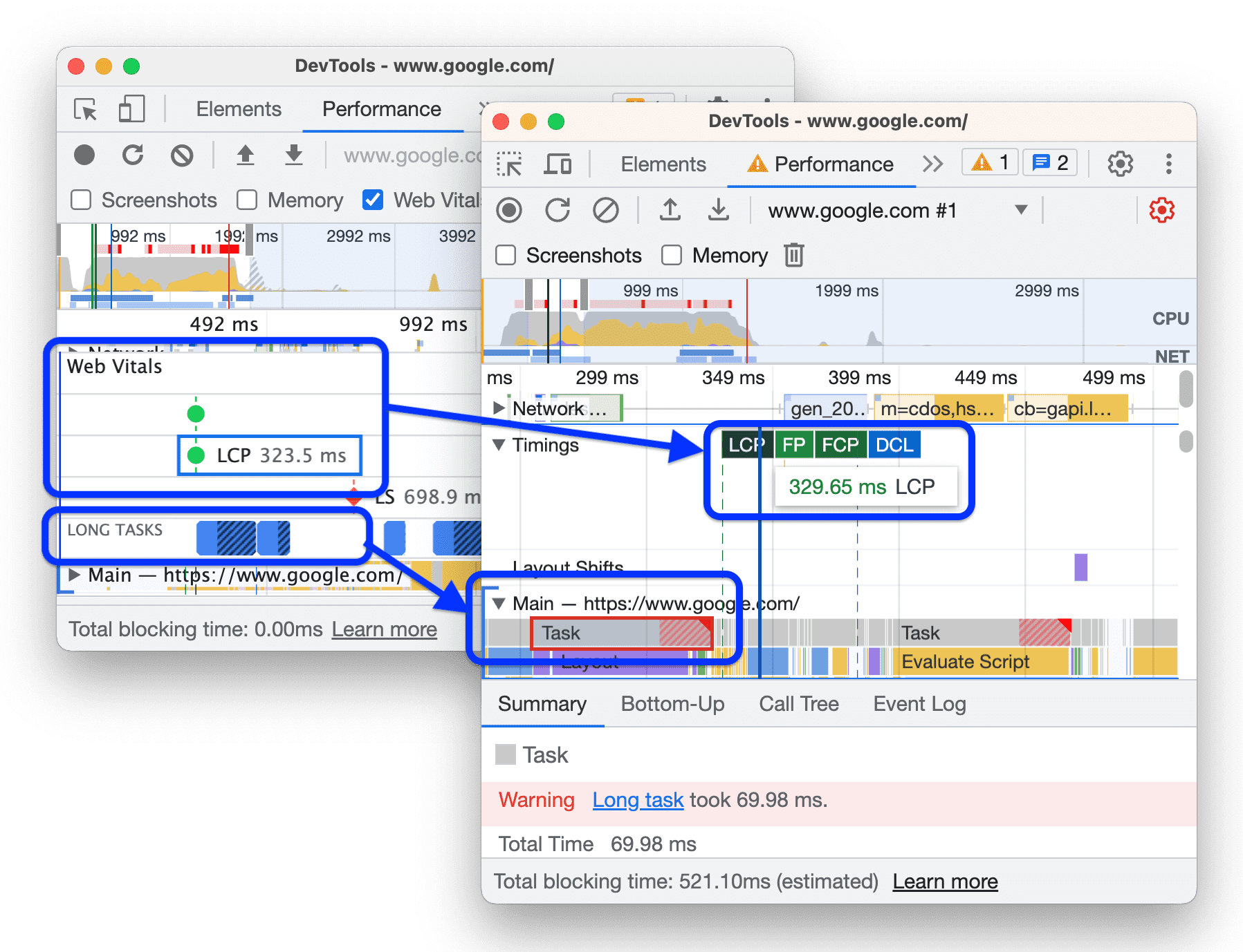 Vor und nach dem Verschieben der Web Vitals in den Zeitachsen-Track