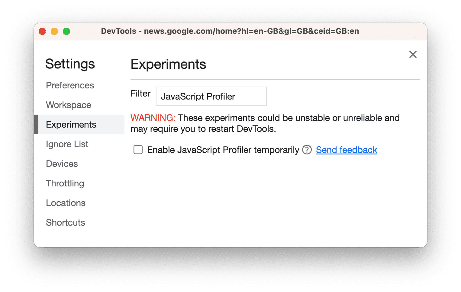 ช่องทำเครื่องหมายเครื่องมือสร้างโปรไฟล์ JavaScript ในการตั้งค่า จากนั้นไปที่การทดสอบ