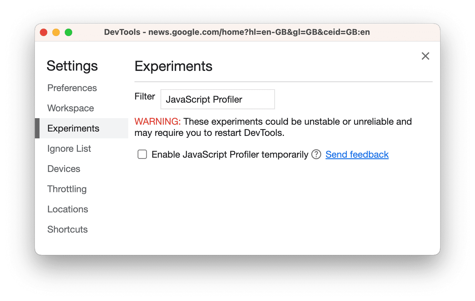 Kotak centang profiler JavaScript di Settings, lalu Experiment.