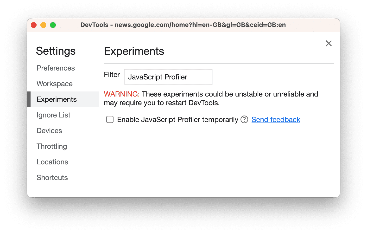 [設定]、[試験運用版] の順に移動して、[JavaScript プロファイラ] チェックボックスをオンにします。