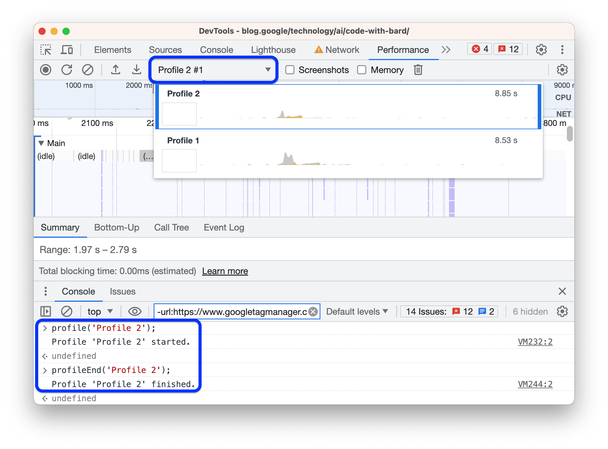 Met de opdracht console() wordt een profiel gemaakt in het paneel Prestaties.