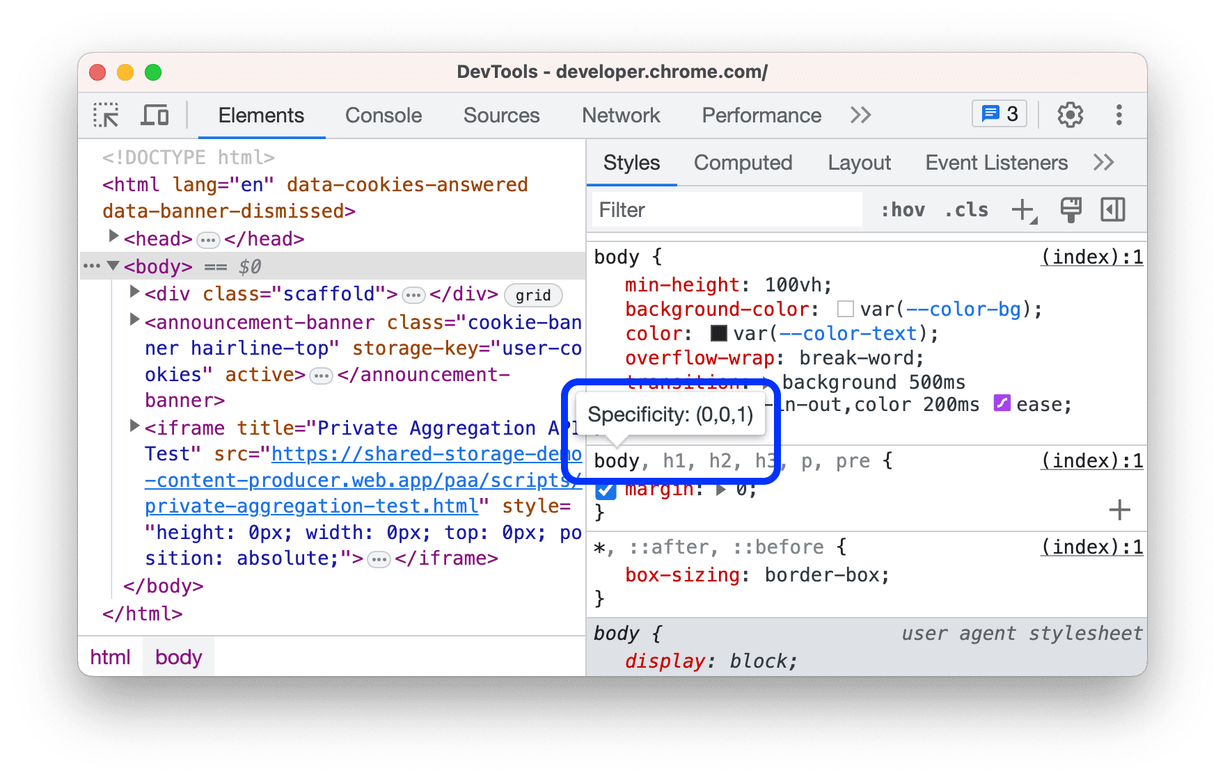 セレクタの特異性の重みを示すツールチップ。