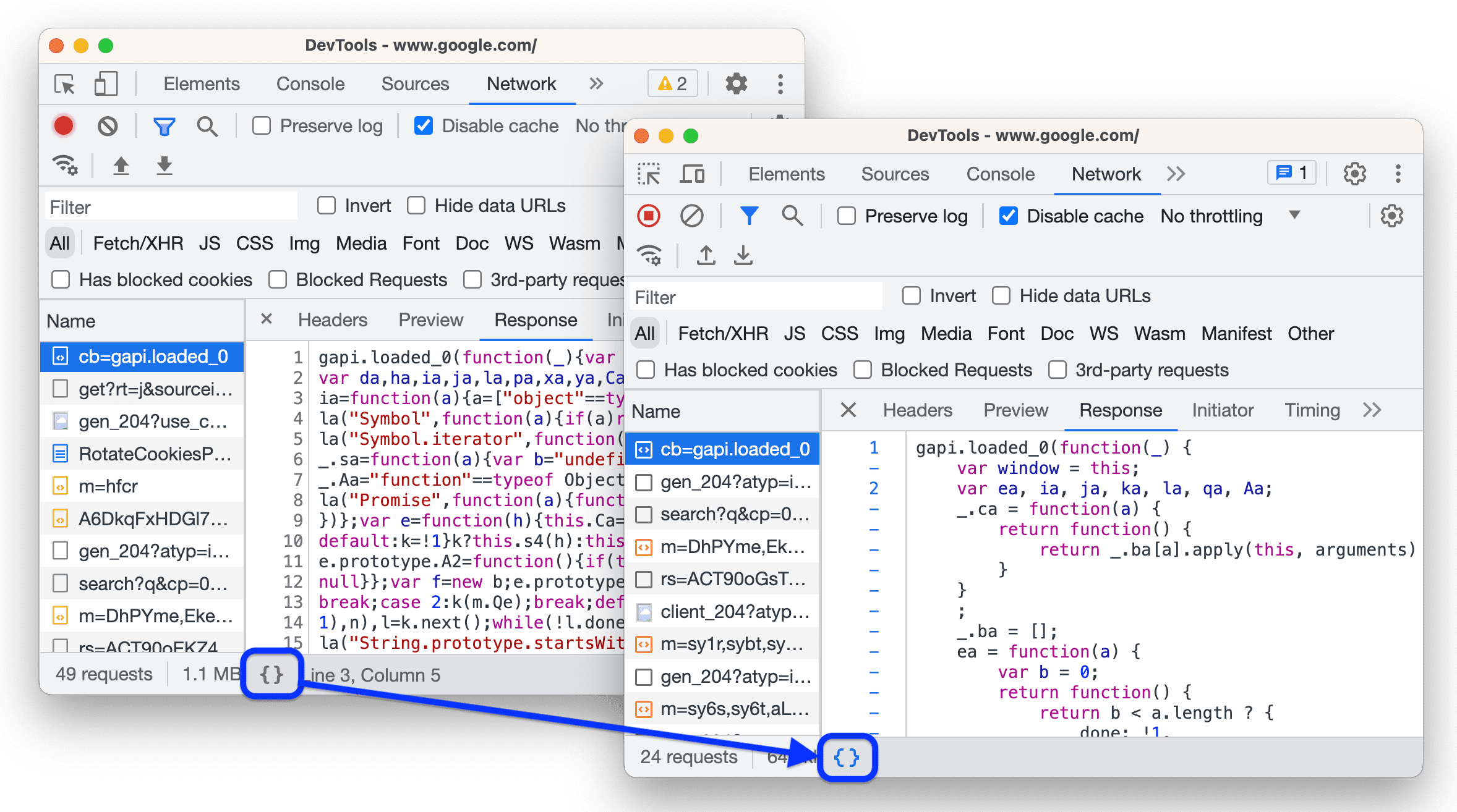 Mengaktifkan cantik-printing di jendela Response tab Network.