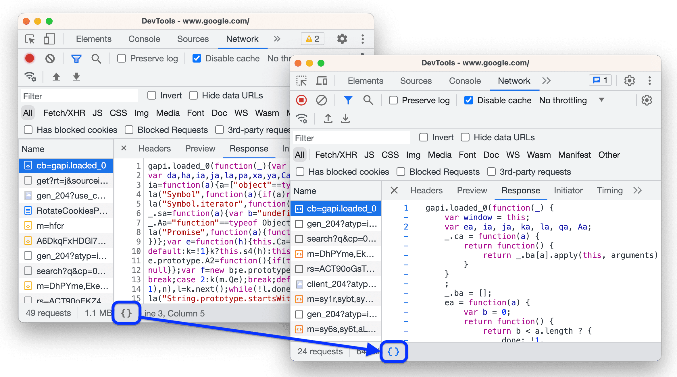 Die Funktion „Pretty Print“ wurde im Antwortfenster des Tabs „Netzwerk“ aktiviert.