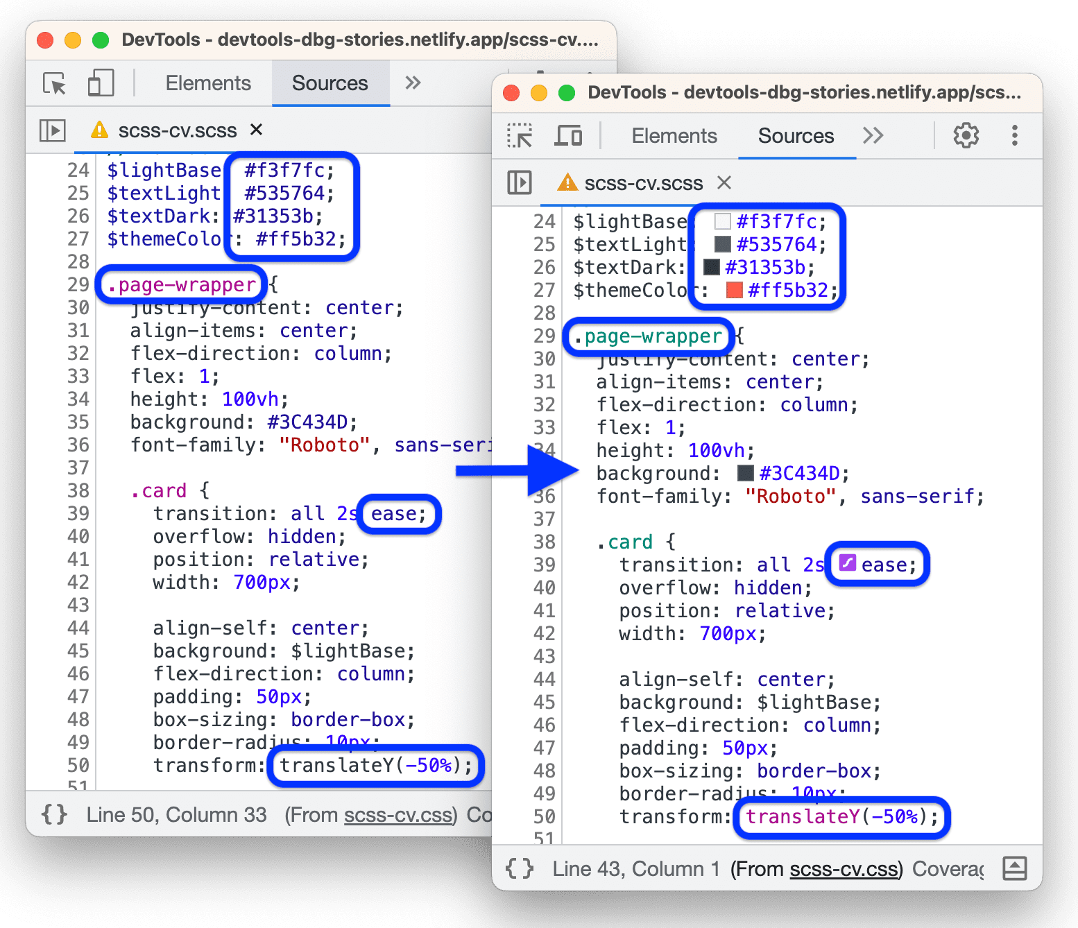 Improved CSS syntax highlighting and inline editors support in Sources.