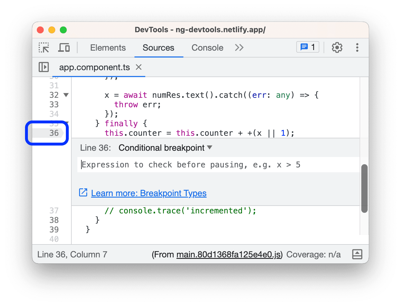 Номер строки в левой колонке и диалоговое окно точки останова.