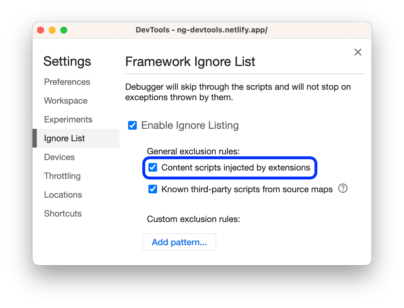 Scripts de contenu injectés par des extensions activées par défaut. Vous pouvez le trouver en accédant à &quot;Paramètres&quot;, puis à &quot;Ignorer la liste&quot;.