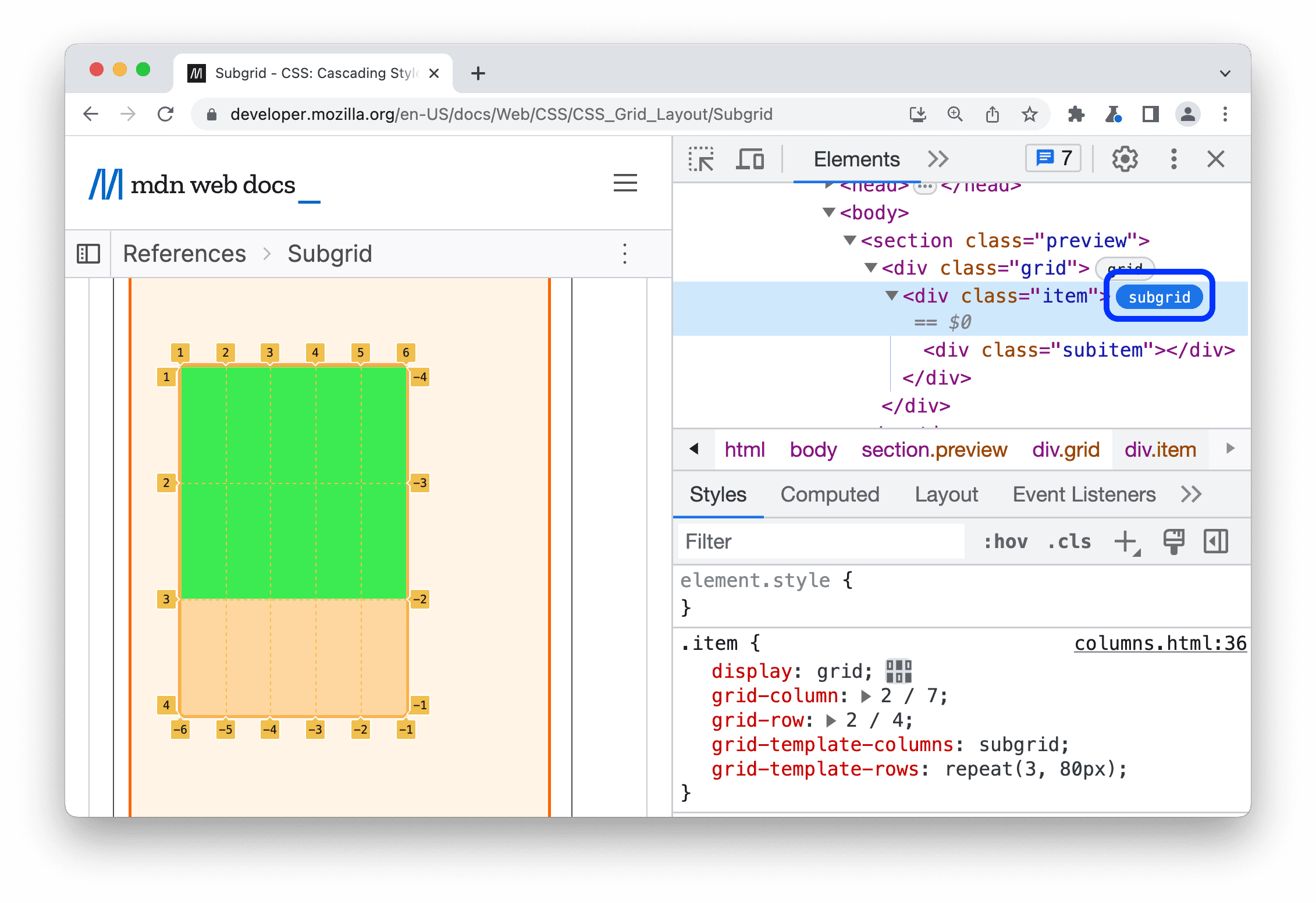 视口中的 subgrid 标记和叠加层。