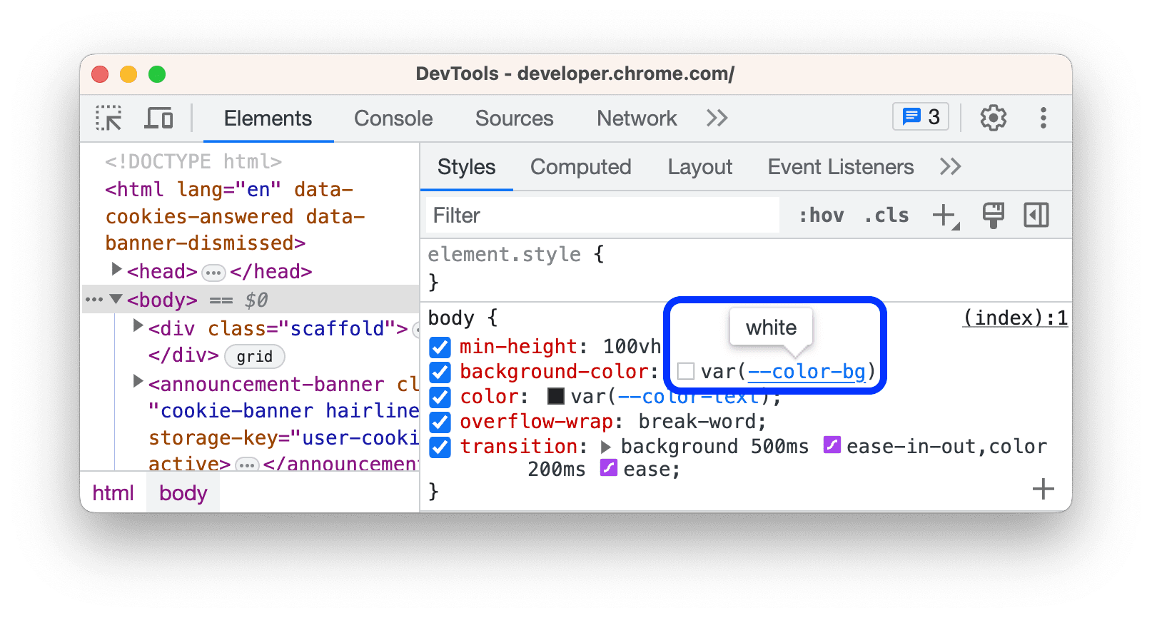 التلميح الذي يتضمّن قيمة خاصية CSS المخصّصة