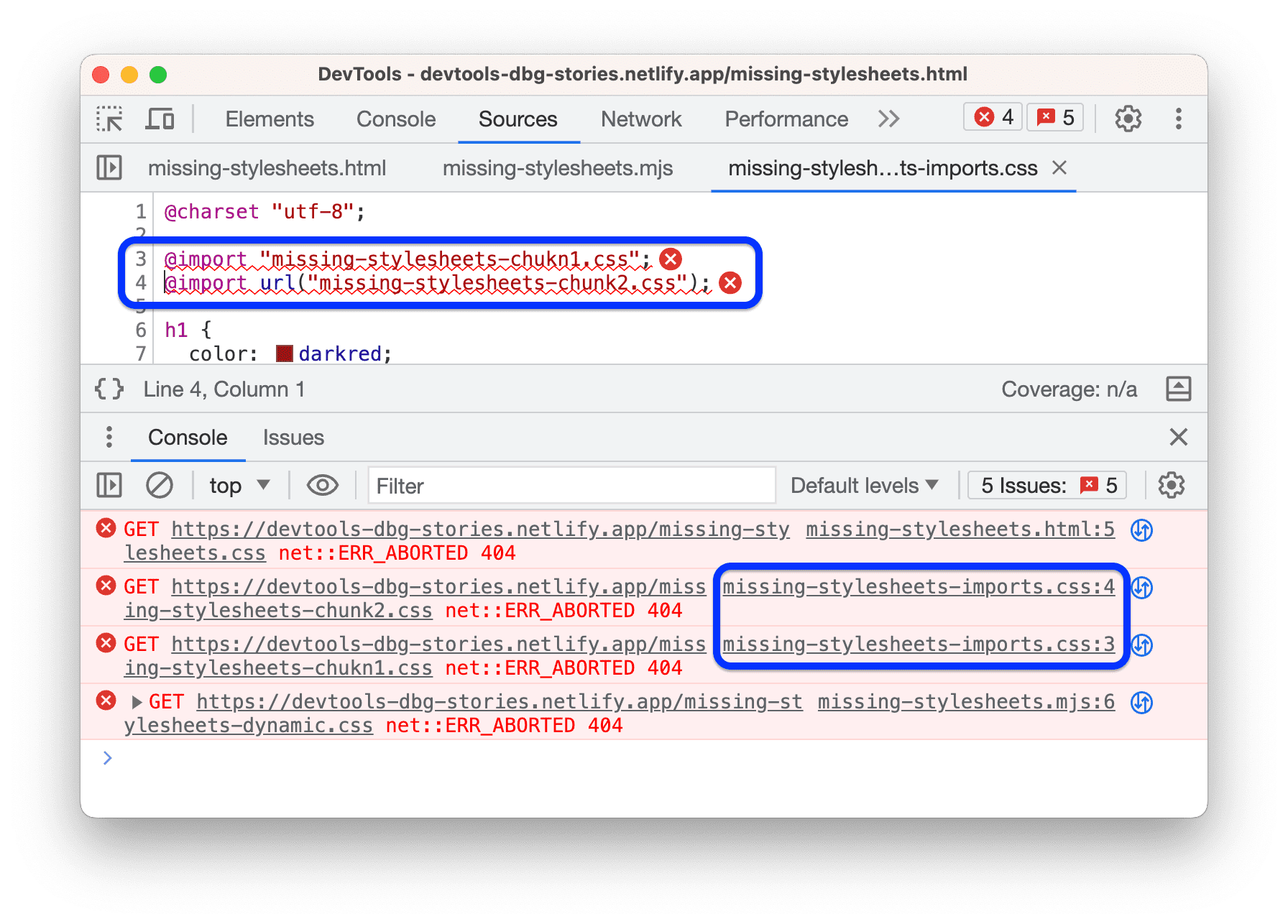 Konsol menyediakan link ke baris yang sama persis dengan pernyataan yang bermasalah.