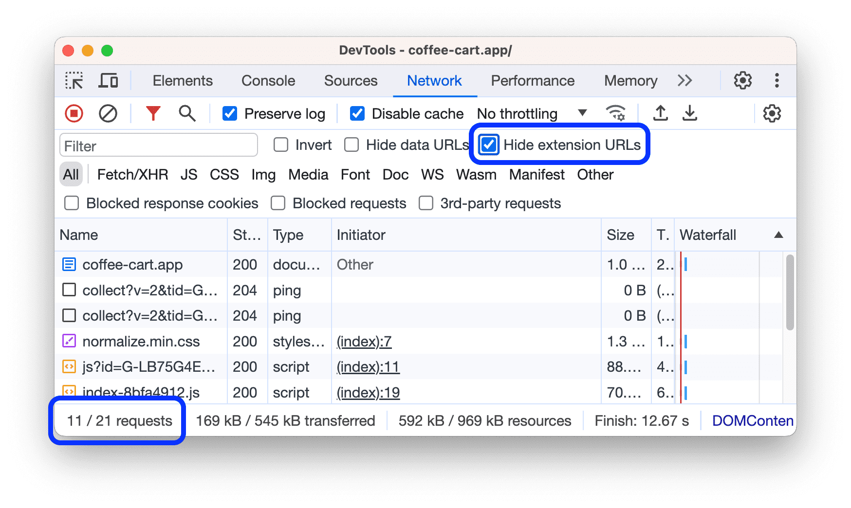 リクエスト テーブルから非表示になっている拡張機能の URL。