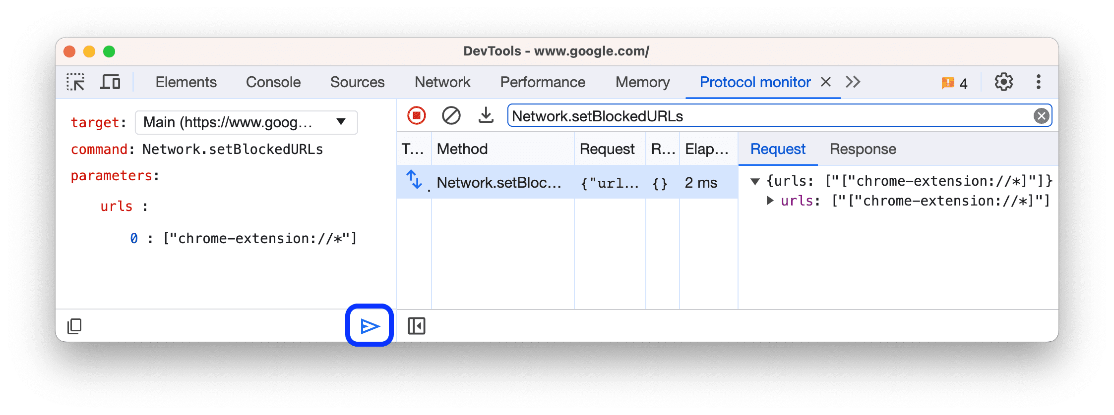 Specifying and sending a CDP command.