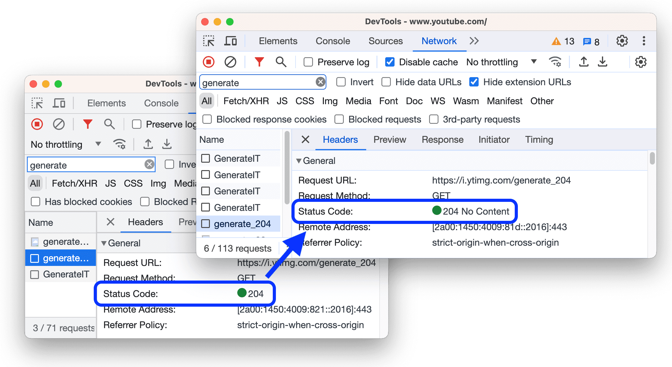 人が読める形式の HTTP ステータス コードを表示する前と後。