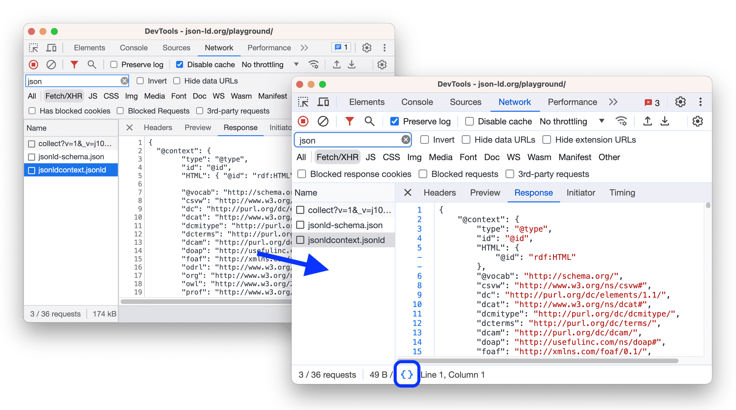 L&#39;avant/après l&#39;analyse d&#39;un sous-type application/json dans un aperçu de réponse réseau.