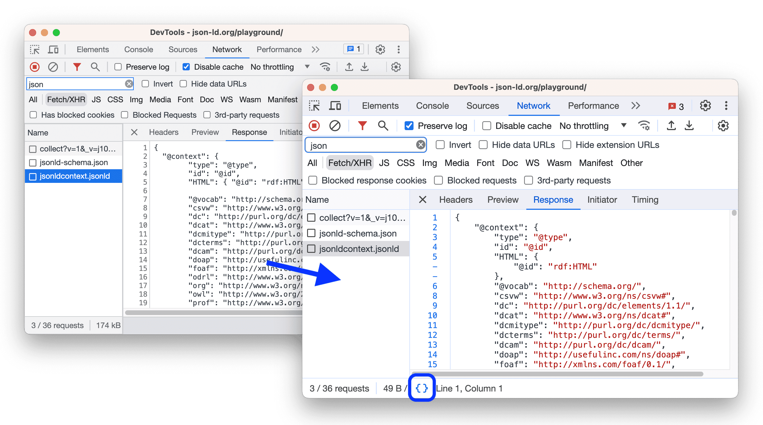 ก่อนและหลังแยกวิเคราะห์ประเภทแอปพลิเคชัน/json ในตัวอย่างการตอบกลับเครือข่าย