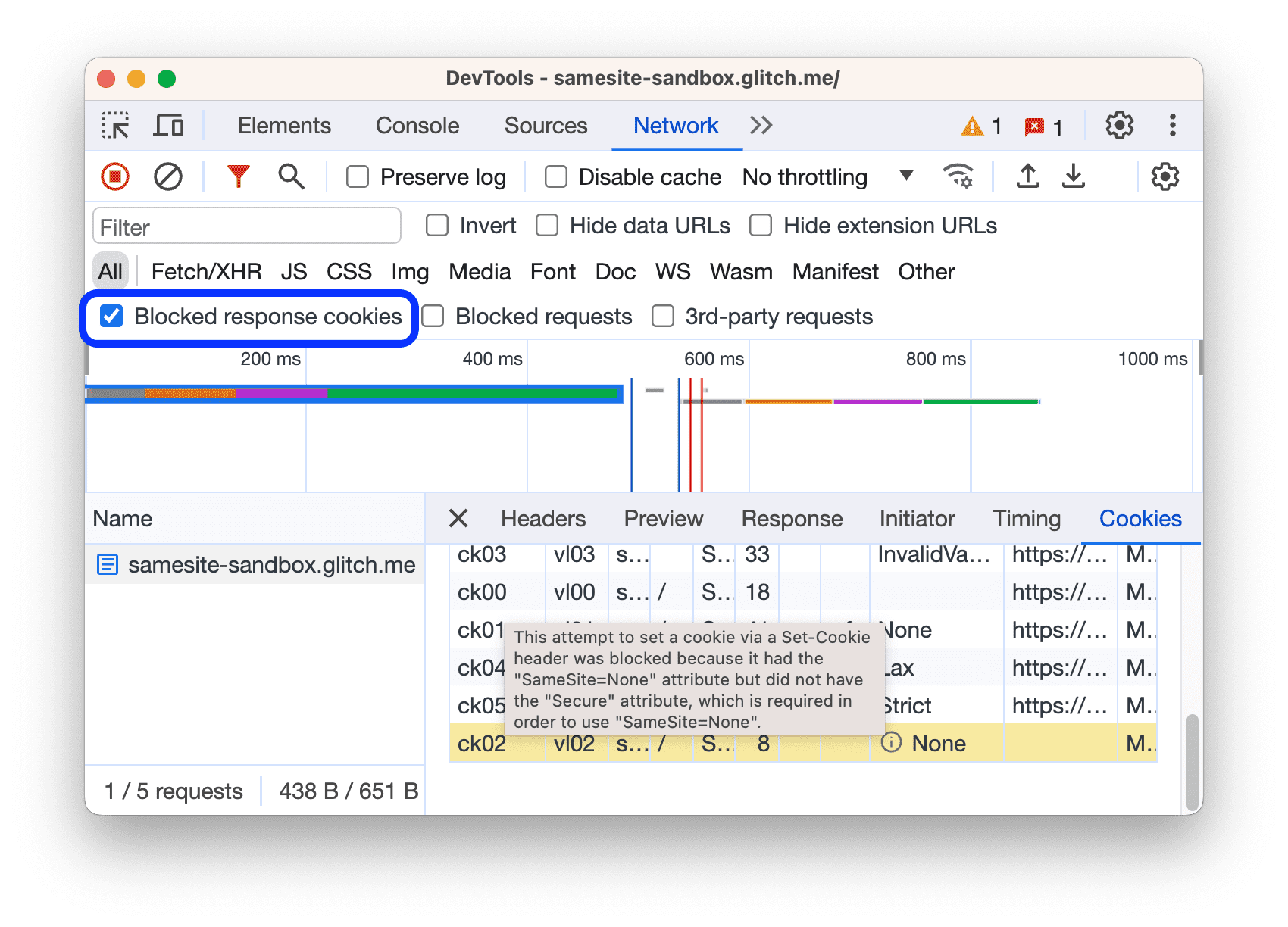 チェックボックスが有効になっており、レスポンス Cookie がブロックされたリクエストのみが表示されます。