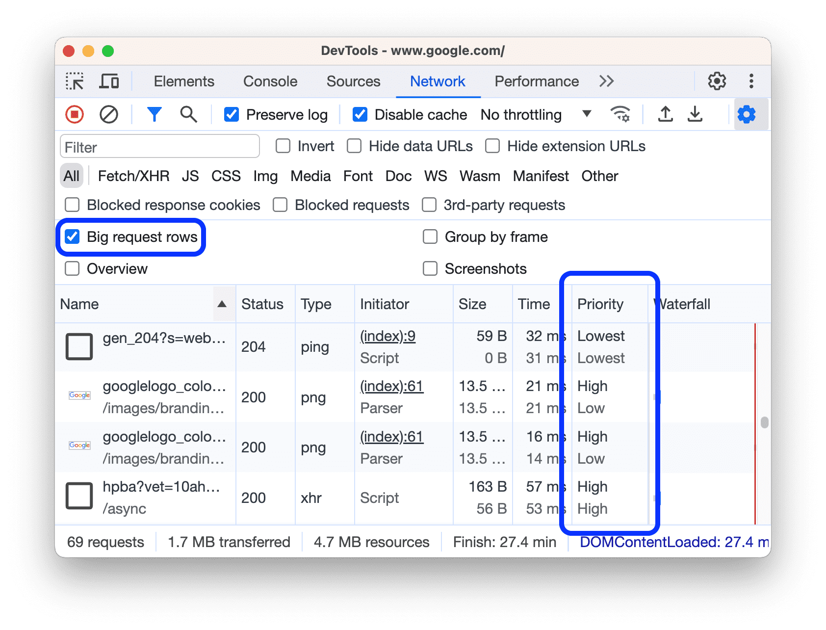 عمود "الأولوية" في لوحة "الشبكة"