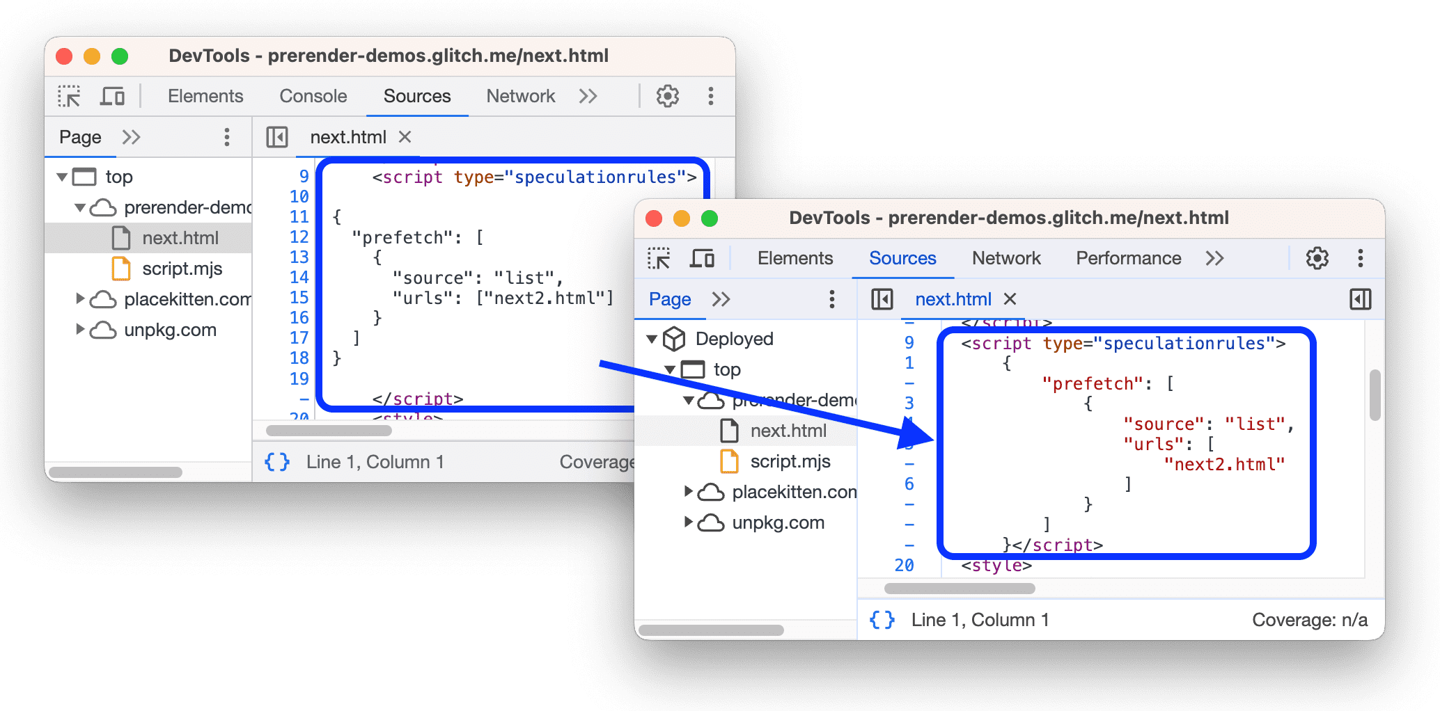 Before and after pretty-printing and syntax highlighting of speculation rules script type.