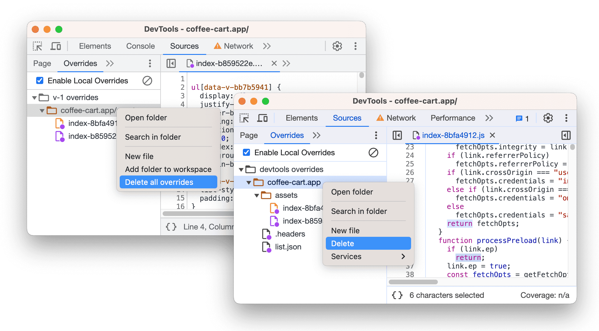 Antes y después de reemplazar "Borrar todas las anulaciones" por "Borrar".