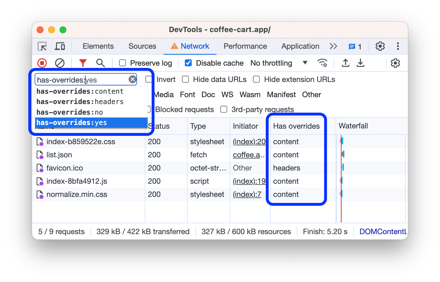 'Has overrides' कॉलम में 'has-overrides:yes' वैल्यू के लिए फ़िल्टर किया जा रहा है.