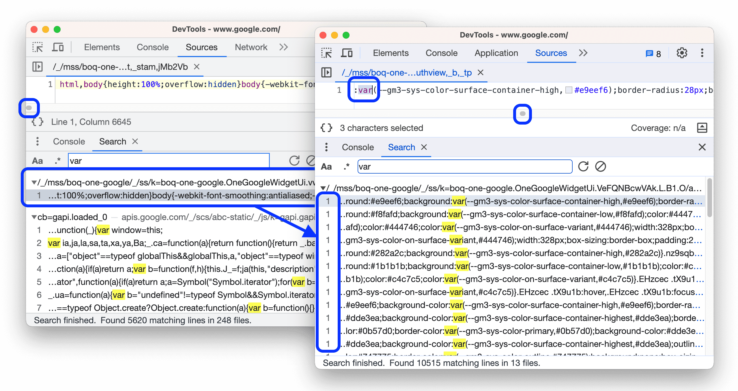 O antes e o depois de fazer a pesquisa mostram todas as correspondências por linha.