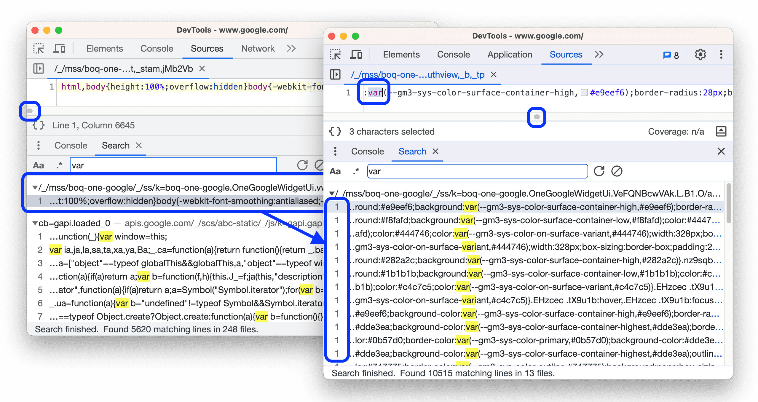 Avant et après la modification de la recherche pour afficher toutes les correspondances par ligne.