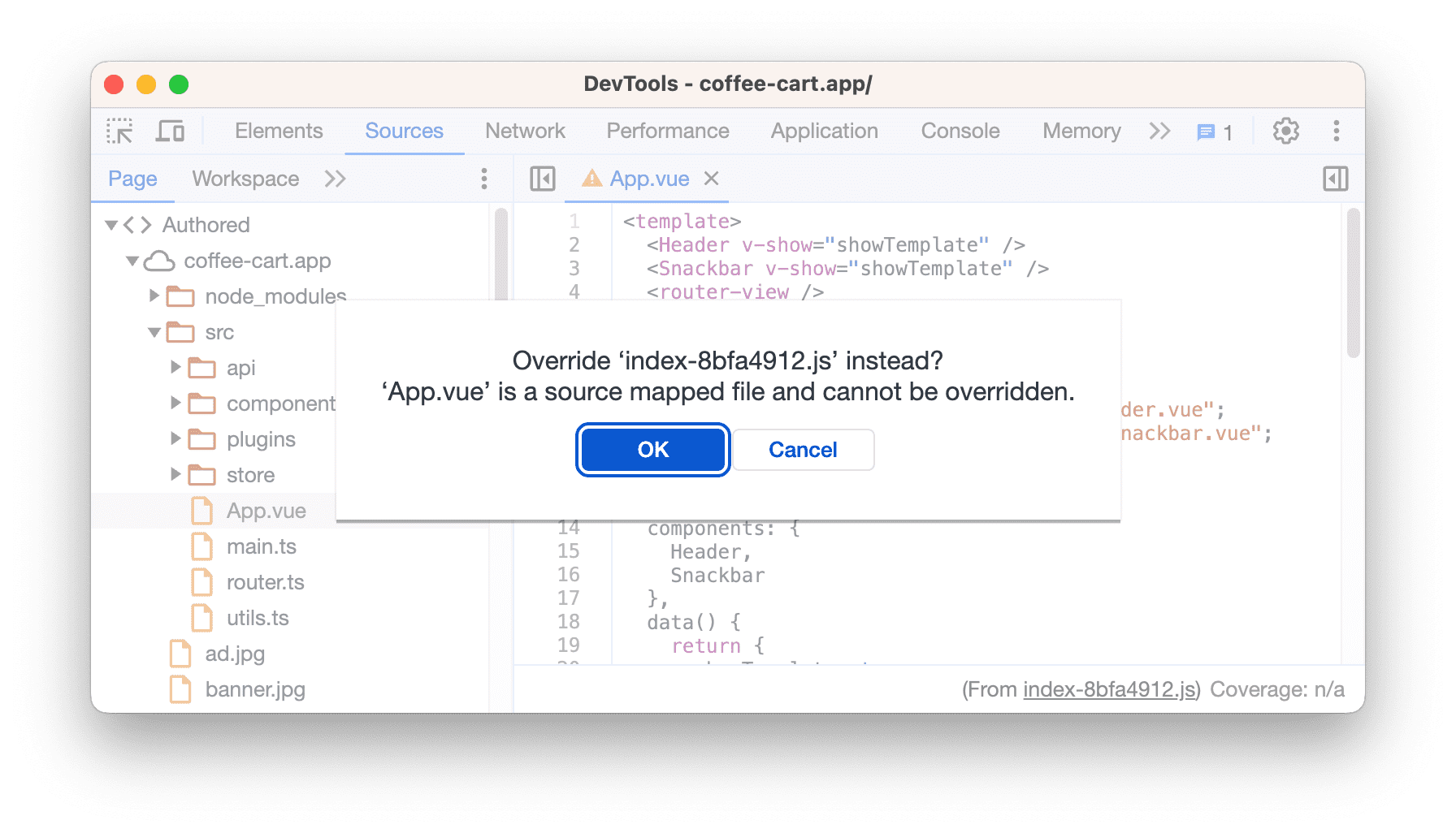 Boîte de dialogue qui vous redirige vers le code d&#39;origine au lieu du fichier mappé à la source.