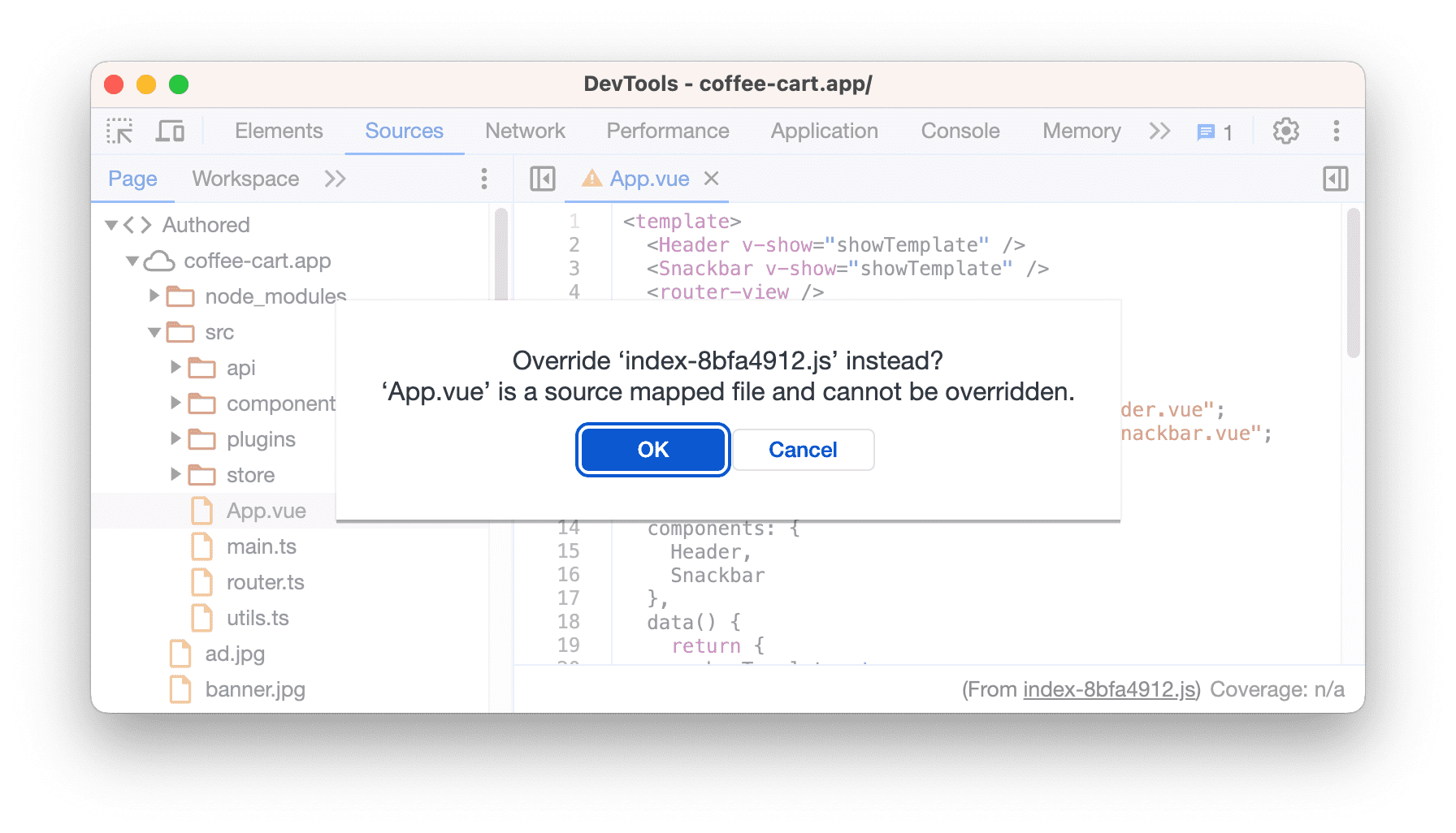 Диалоговое окно, которое приведет вас к исходному коду вместо файла, сопоставленного с исходным кодом.