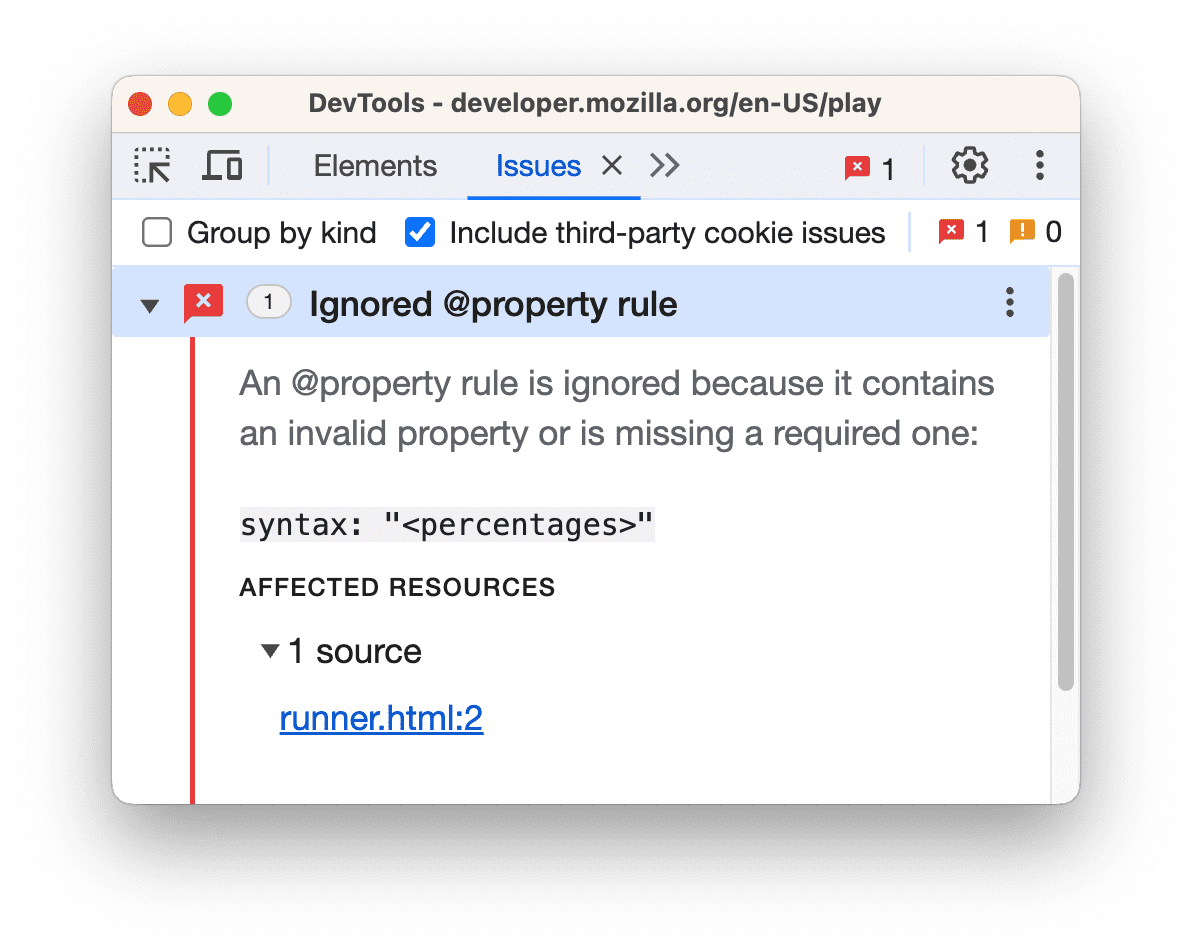 An issues with the property rule reported in the Issues tab.